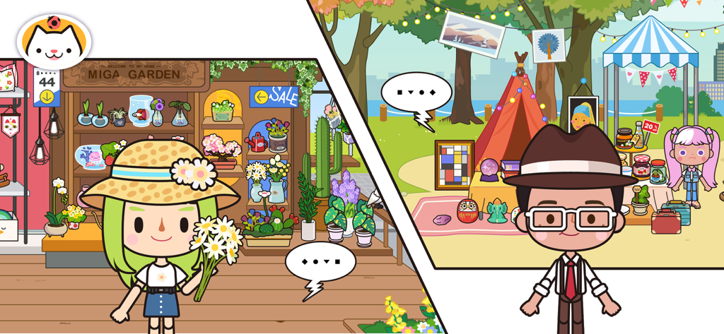 Colorful characters in a flower shop and outdoor campsite within the Miga Town Apartment game