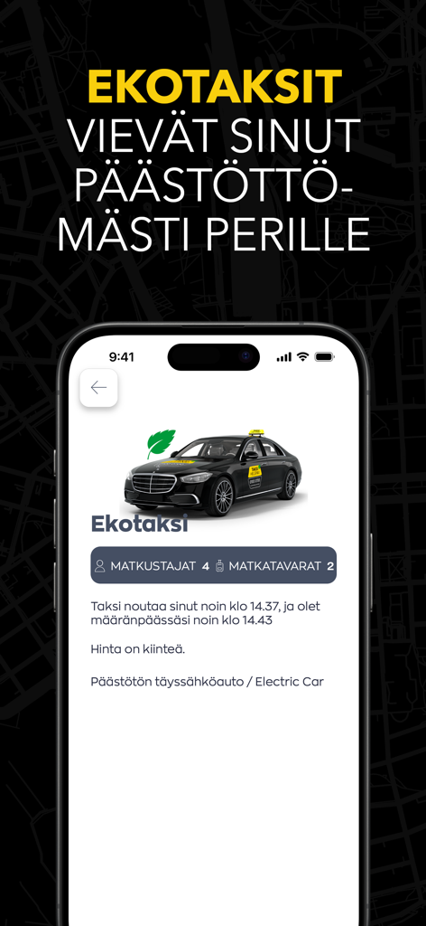 Taksi Helsinki - Taksi Helsinkiアプリには、4人乗りの電気自動車予約オプションが表示されています。