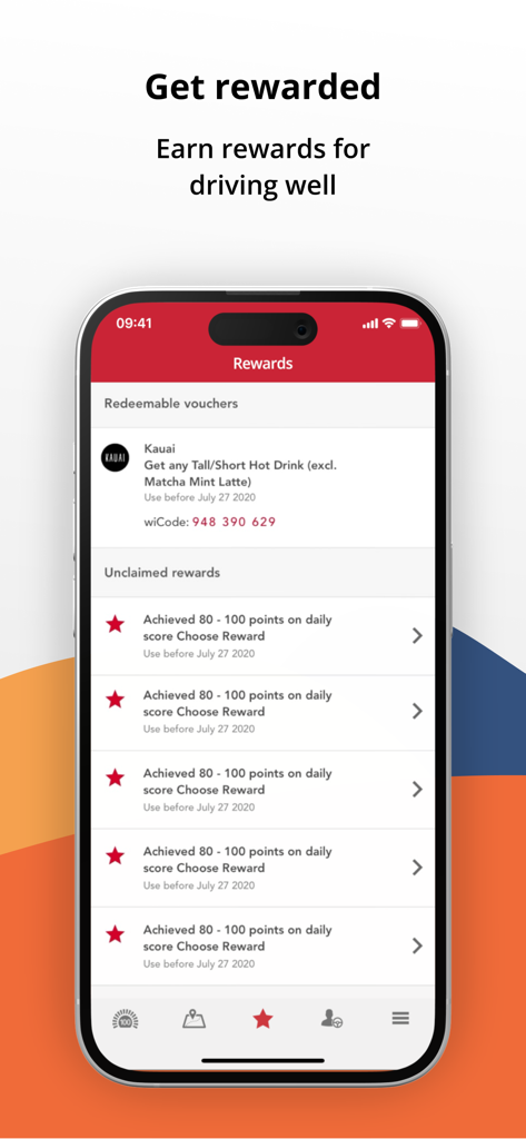 Rewards screen in the AvisBudget SafeDrive app showing redeemable vouchers and daily driving score achievements.
