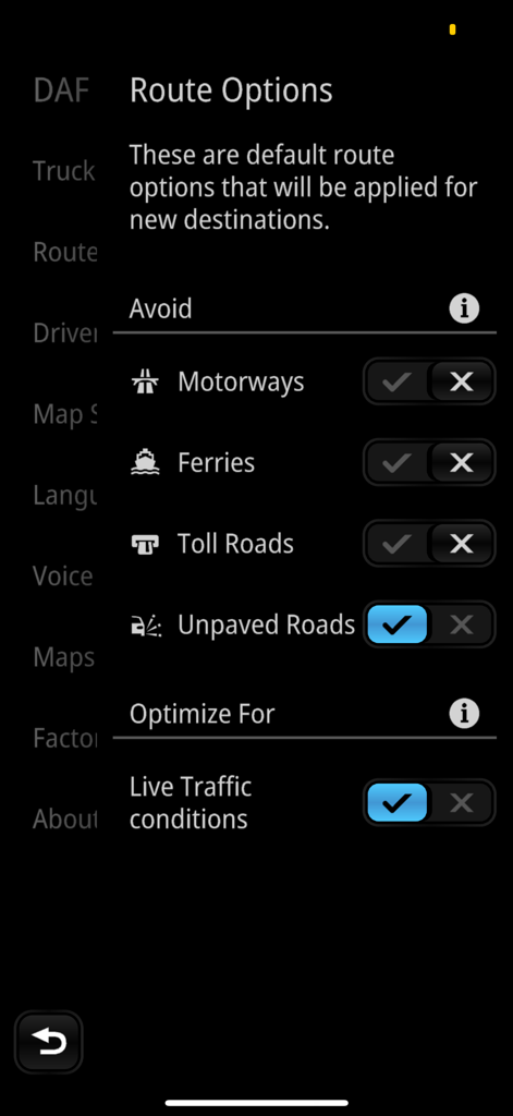DAF Truck Navigation - DAF Truck Navigation route options menu showing settings for road avoidance and live traffic optimization