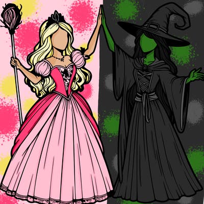 detailed realistic split of a princess and a witch