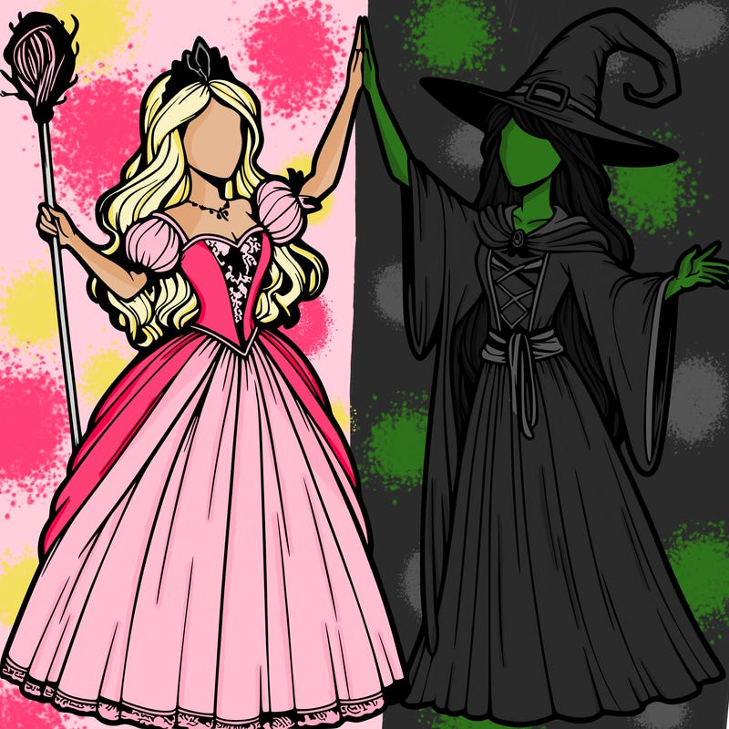 detailed realistic split of a princess and a witch