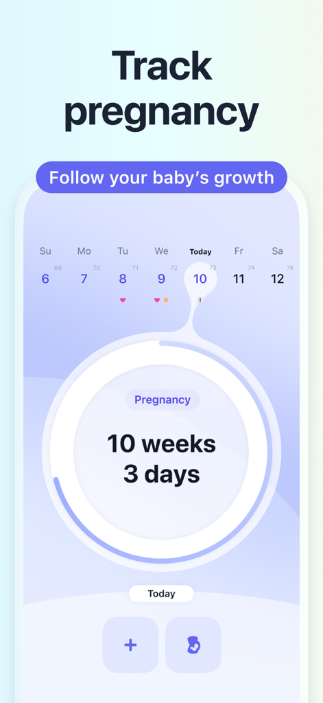 Pregmate Ovulation Tracker - Pregmate app interface showing pregnancy tracking at ten weeks and three days with baby growth status