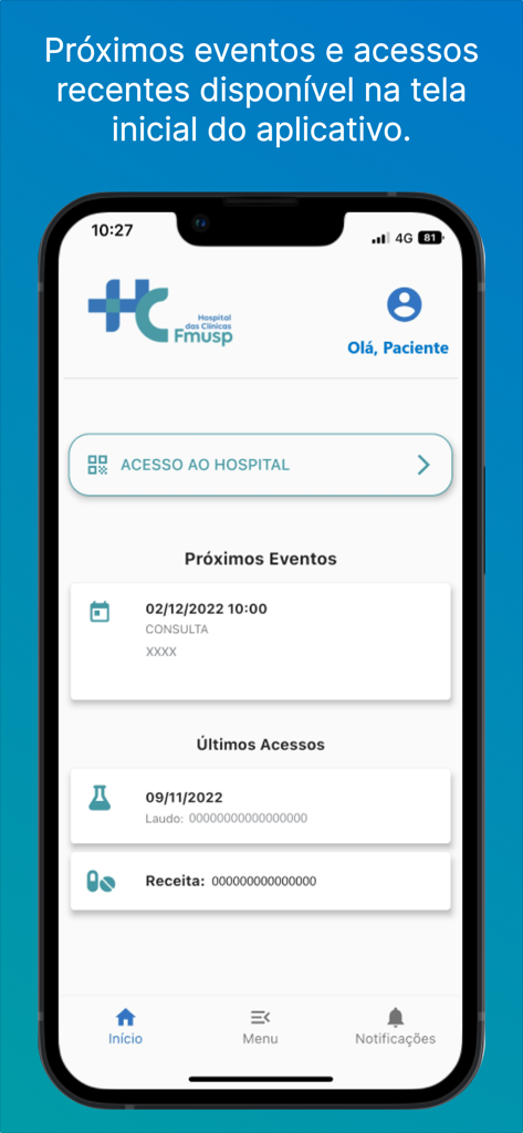 Home screen of the Portal do Paciente HC medical app showing upcoming events and recent medical reports