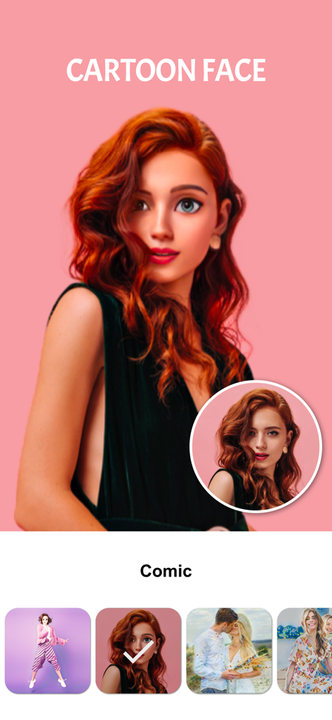 Cartoon face maker：Photo Art - カートゥーン顔メーカーアプリの画面に、コミック風フィルターが適用された女性のポートレートが表示される