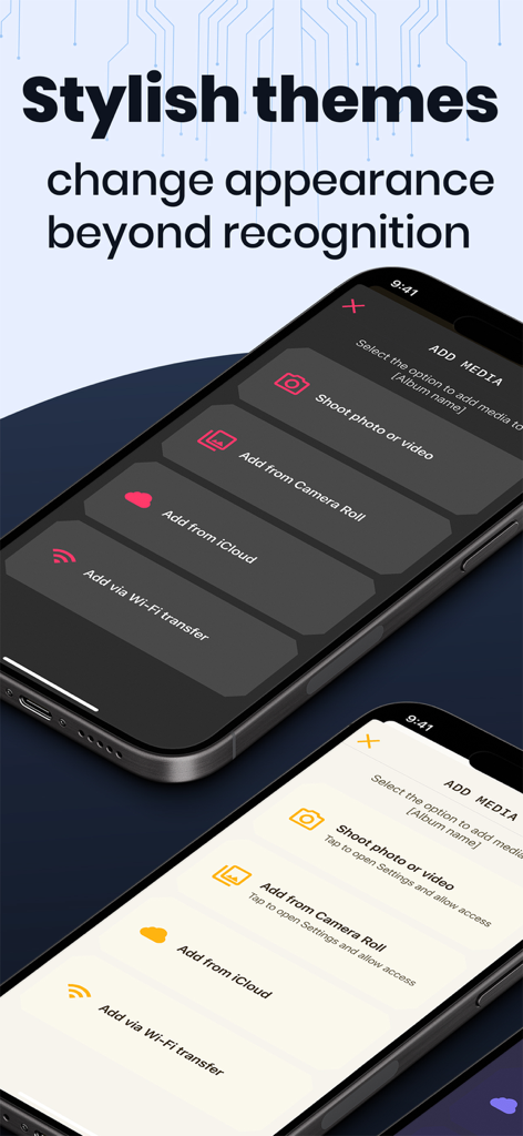 Photo Vault - SmartSafe - Captura de pantalla de la aplicación SmartSafe Photo Vault mostrando temas elegantes claros y oscuros para el menú de añadir medios.