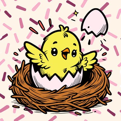 a baby chick hatching from an egg in a nest