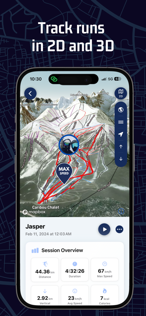 Ski & Snowboard - iSlope - iSlope app interface showing a 3D ski map with a tracked route and session statistics including speed and distance.
