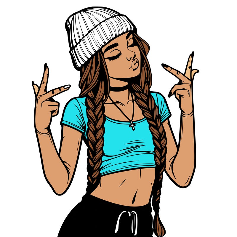 realistic teenage girl with braids and a beanie and crop top doing 🫶🏼