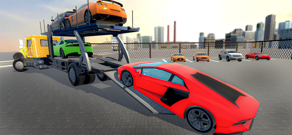 American Trailer Truck Driving - A yellow car carrier truck loading a red sports car in a city parking lot