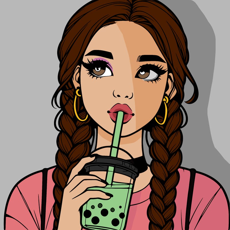 realistic girl with braided hair drinking boba