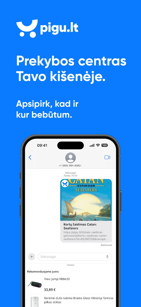 Pigu.lt - mobilioji parduotuvė - Pigu.lt app interface showing a product shared via message and personalized shopping recommendations