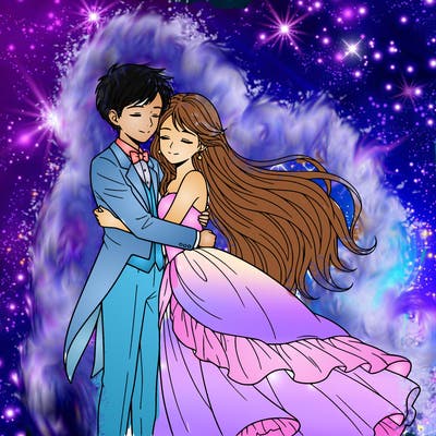anime boy, girl, hugging the girl has really long hair. the boy is in a tuxedo. the girl is in a ball gown.