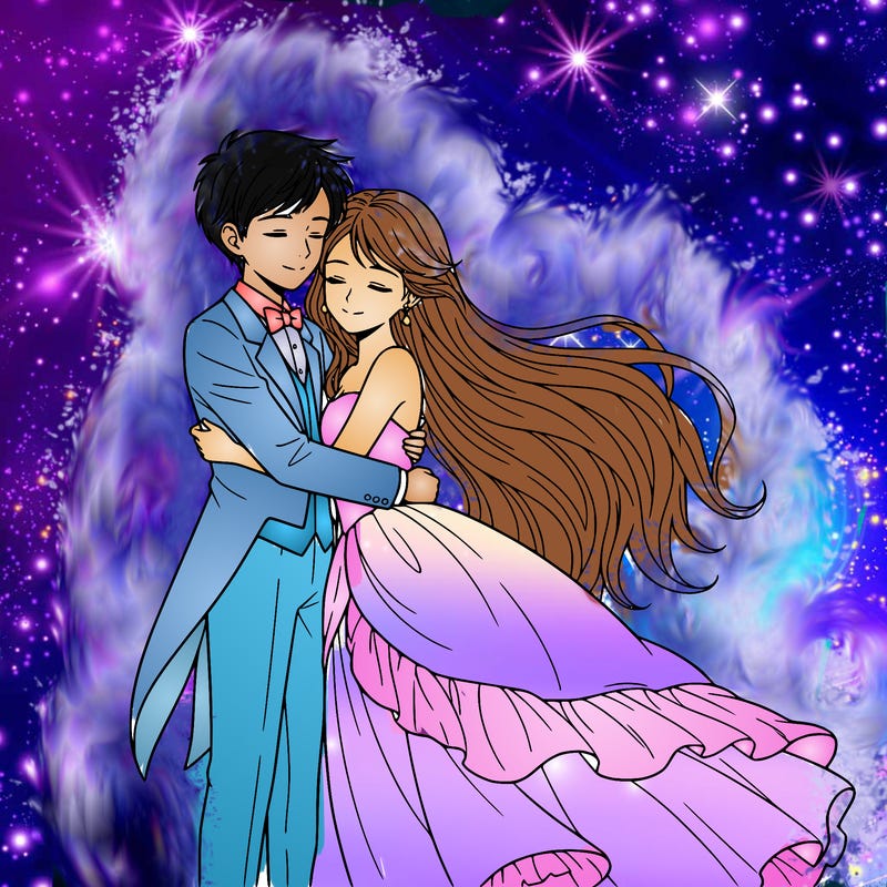anime boy, girl, hugging the girl has really long hair. the boy is in a tuxedo. the girl is in a ball gown.
