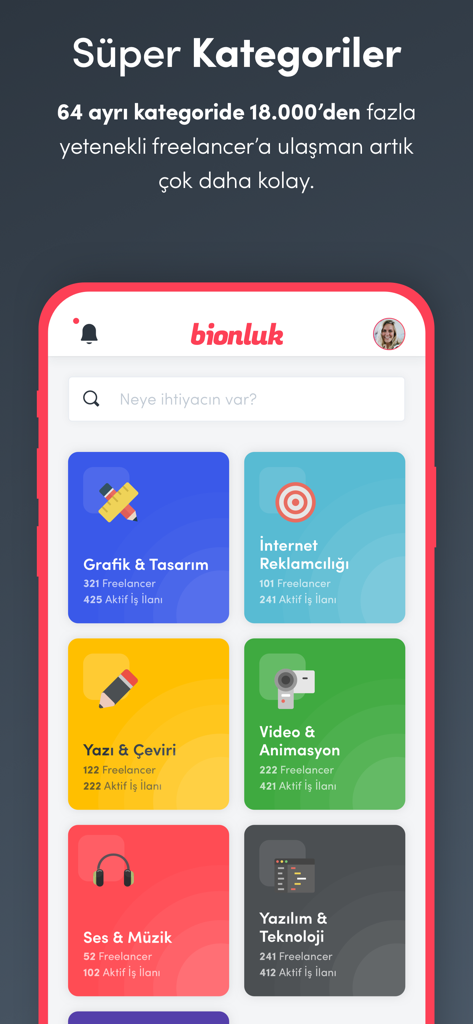 Bionluk - Bionluk mobile app screen displaying a variety of freelance service categories including graphic design and software development