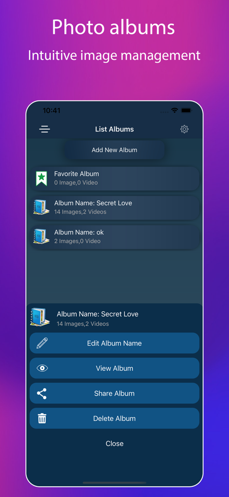 App Lock, Hide App & Lock Apps - Una pantalla que muestra una lista de álbumes de fotos secretos con opciones para editar, ver y compartir