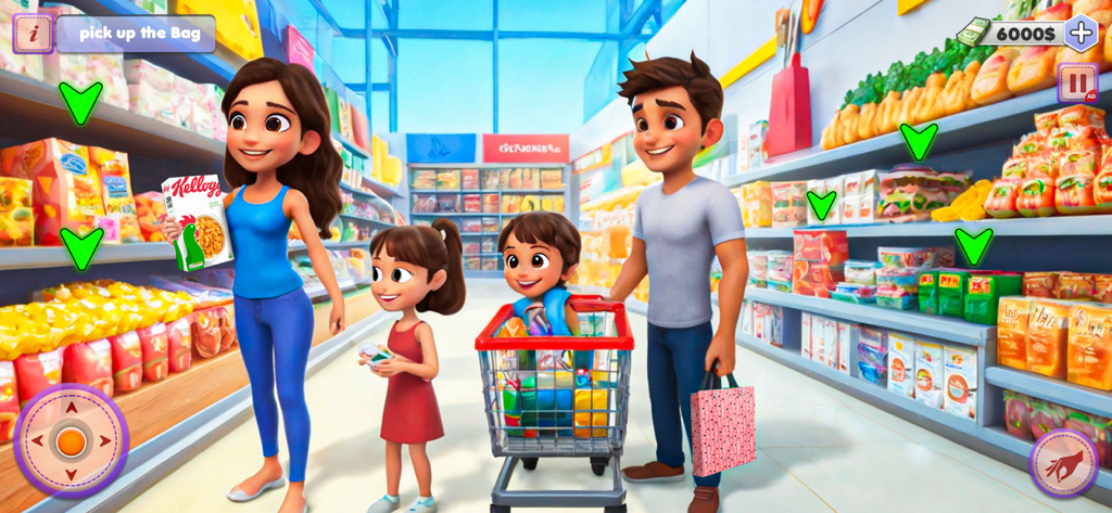 Pregnant Mom Family Life 3D - Una simulación 3D de una familia virtual comprando comestibles en un supermercado.