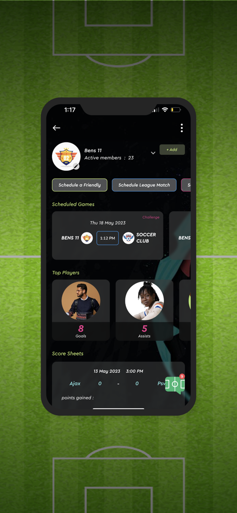 Whistle - Your sports tracker - Interfaccia dell'app sportiva Whistle che mostra la programmazione della squadra e le statistiche sulle prestazioni dei giocatori