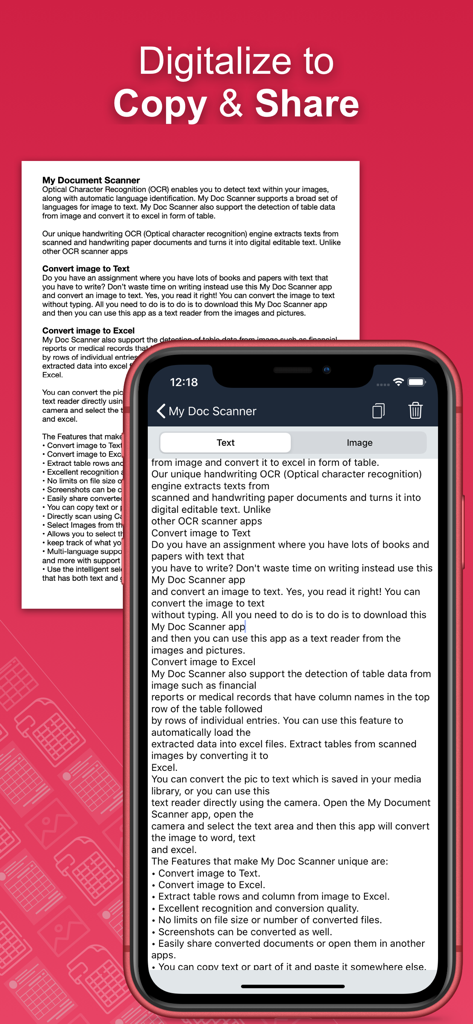 コピーや共有が容易なスキャンされたドキュメントから抽出されたテキストを示すモバイルアプリ画面。
