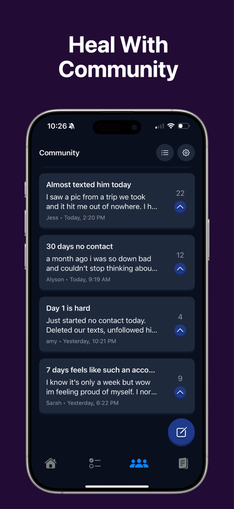 A community feed within the No Contact Tracker app showing user posts about their progress and challenges during the breakup healing process.
