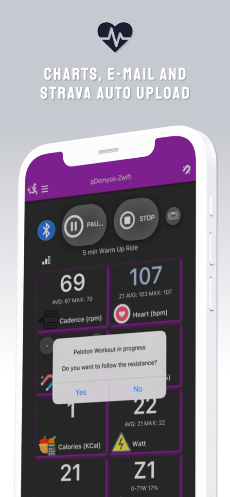 QZ fitness app dashboard displaying real-time workout metrics and a Peloton resistance synchronization prompt
