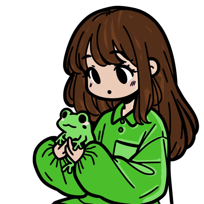 girl with long hair and a oversized shirt. and she is holding a frog