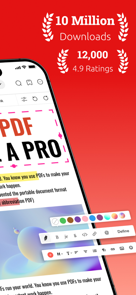 A1 PDF Editorアプリのインターフェースに、1000万ダウンロードと4.9つ星の評価、文書編集ツールが表示されている