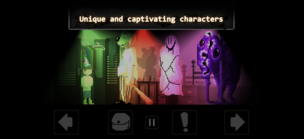 Psicosis - A lineup of unique pixel art characters under dramatic colored spotlights in the horror game Psicosis