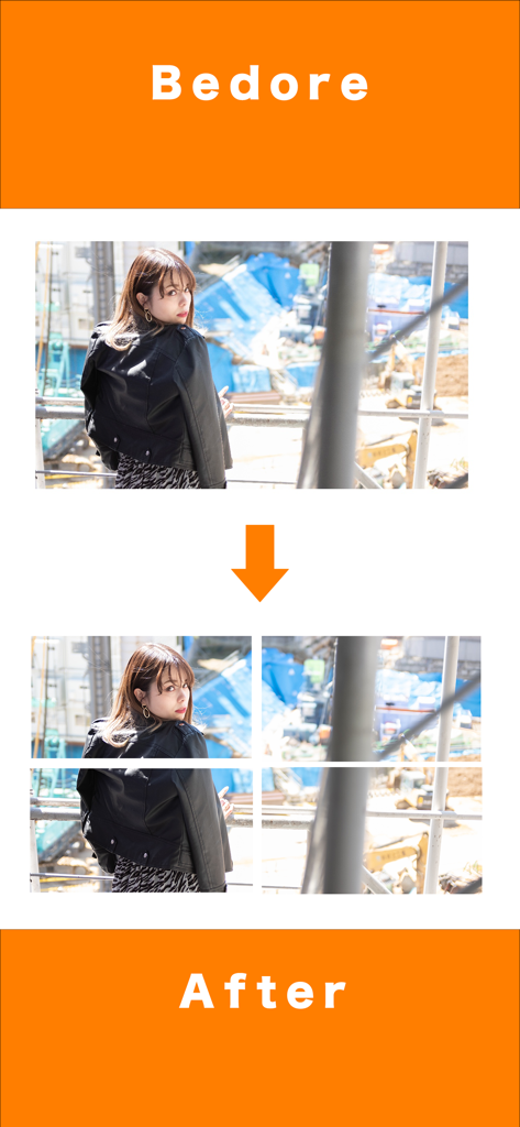 소셜 미디어 게시물을 위해 단일 가로 사진이 4개 이미지 그리드로 분할된 이전 및 이후 비교.