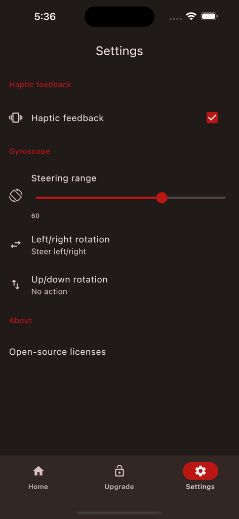 Remote Gamepad - Remote Gamepad app settings menu with gyroscope and haptic feedback controls