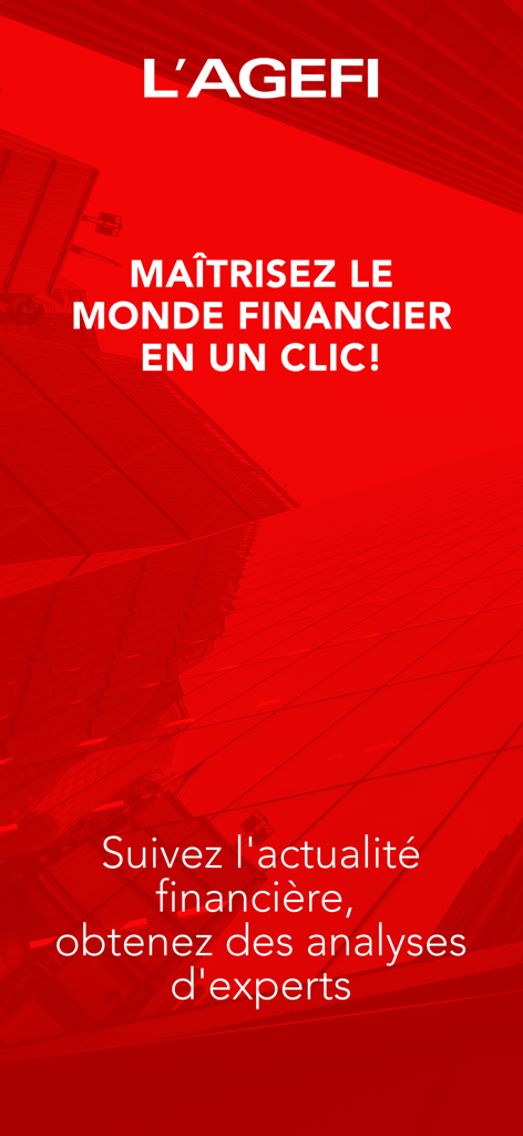 L'Agefi - Schermata di benvenuto dell'app L'Agefi con sfondo rosso e testo sull'imparare il mondo finanziario in un clic