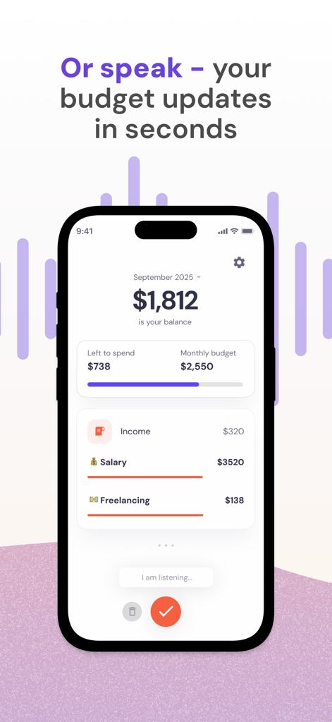 AI Expense Tracker - Vossa - Interfaz de la aplicación de rastreo de gastos con IA de Vossa que muestra la función de comando de voz y el panel de presupuesto