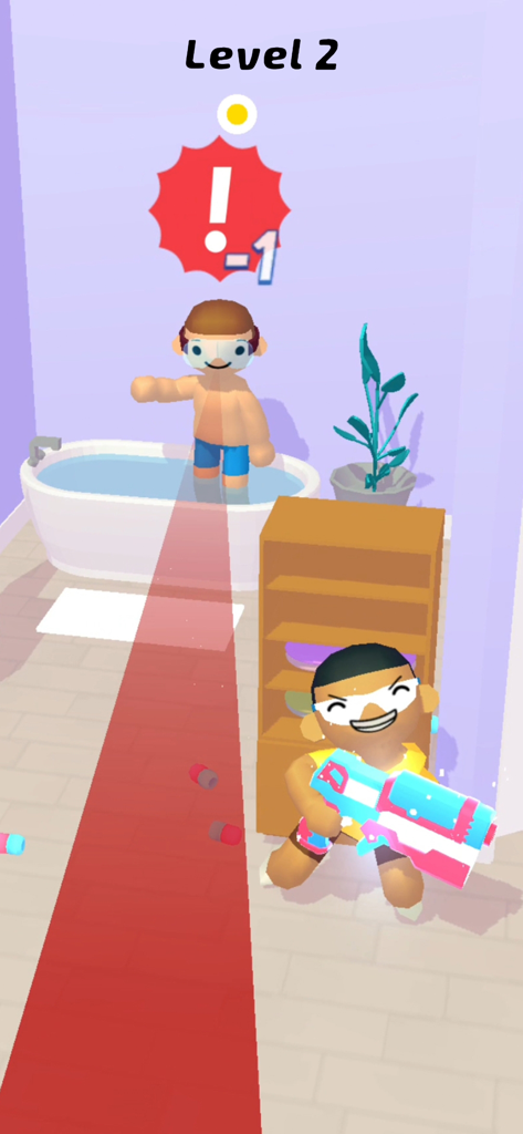 Epic Prankster: Hide and shoot - プレイヤーキャラクターがおもちゃのブラスターを使って、浴槽にいる別のキャラクターをタグ付けするために棚の後ろに隠れている。