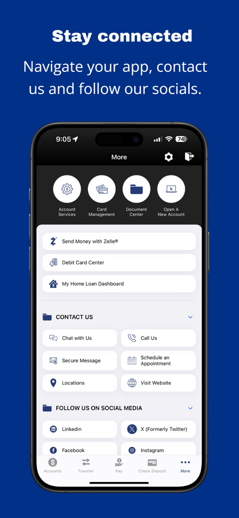 Fulton Bank mobile app menu showing contact details and social media accounts