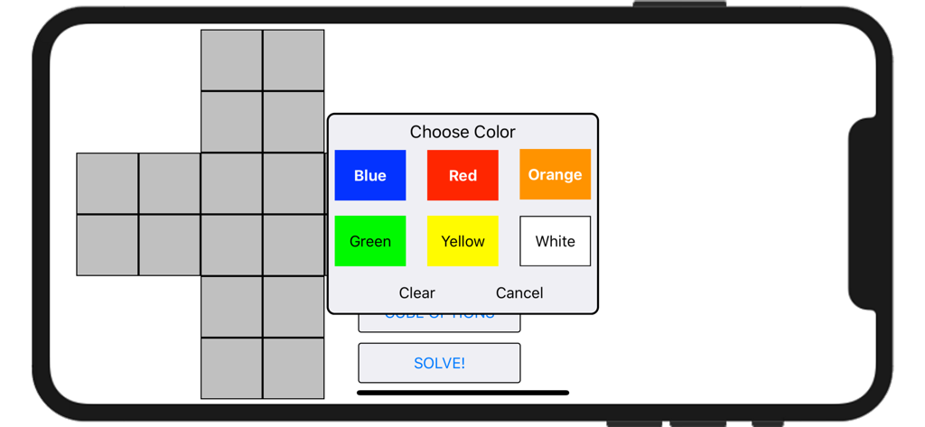 Tela do aplicativo Resolvedor de Cubo de Bolso mostrando um menu de seleção de cores sobre um layout de cubo 2x2