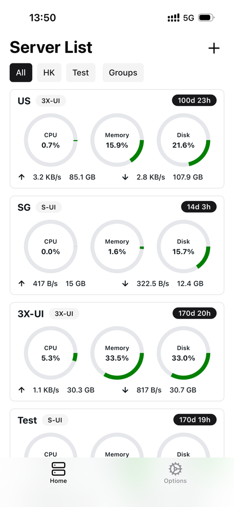 RayBoxUI - RayBoxUI mobile app interface showing a list of remote servers with real time CPU memory and disk usage metrics