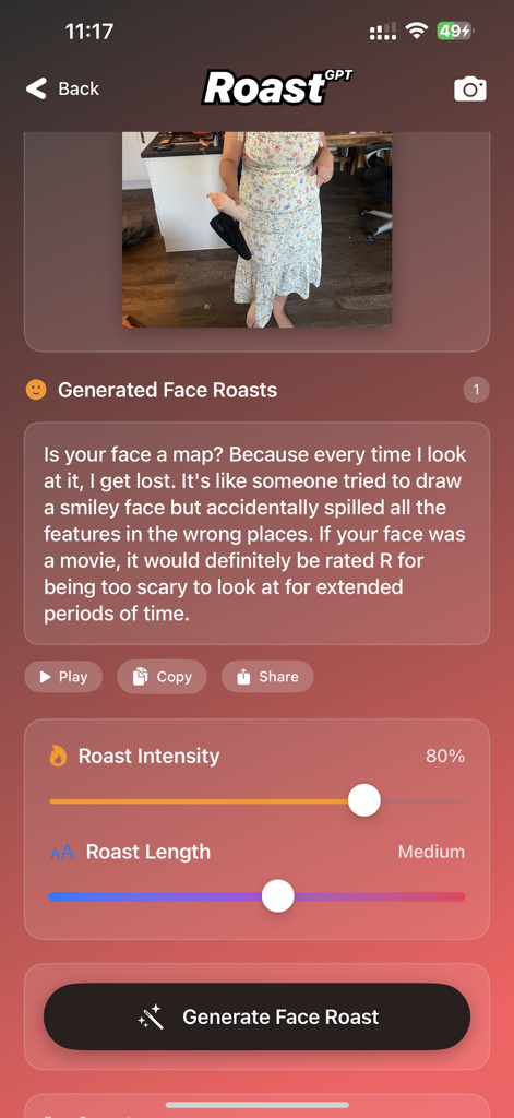 RoastGPT - AI Roast Generator - RoastGPT app interface showing a generated face roast with adjustable intensity and length sliders.