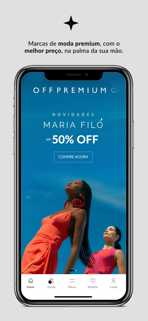 OFF Premium - OFF Premium app homepage featuring Maria Filo brand with 50 percent off discount.