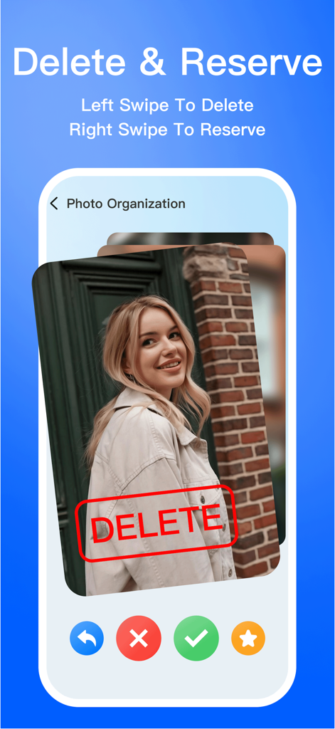 Storm Cleaner-Clean up storage - Interface of Storm Cleaner app showing a swipe-based photo organization tool with options to delete or reserve images.