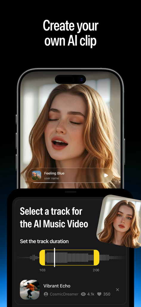 Vibella: AI Music & Song Maker - Interface of Vibella app for creating AI music videos and selecting tracks