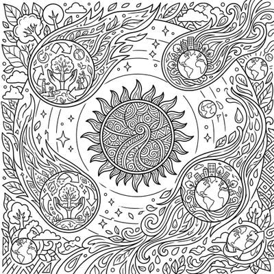 Embark on a celestial journey to protect our planet with this unique Earth Day coloring page, featuring comet-like designs swirling around a central sun. Each 'comet' thoughtfully illustrates themes of global responsibility, recycling, and nature, making it a perfect artistic tribute to environmental awareness.