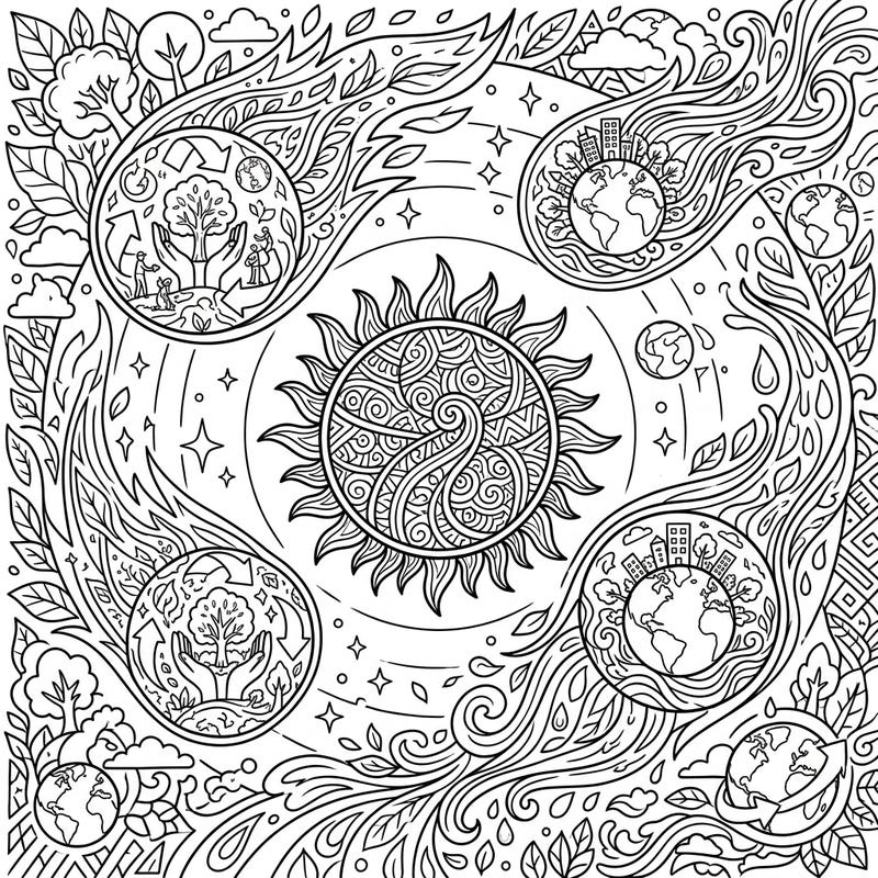 Embark on a celestial journey to protect our planet with this unique Earth Day coloring page, featuring comet-like designs swirling around a central sun. Each 'comet' thoughtfully illustrates themes of global responsibility, recycling, and nature, making it a perfect artistic tribute to environmental awareness.