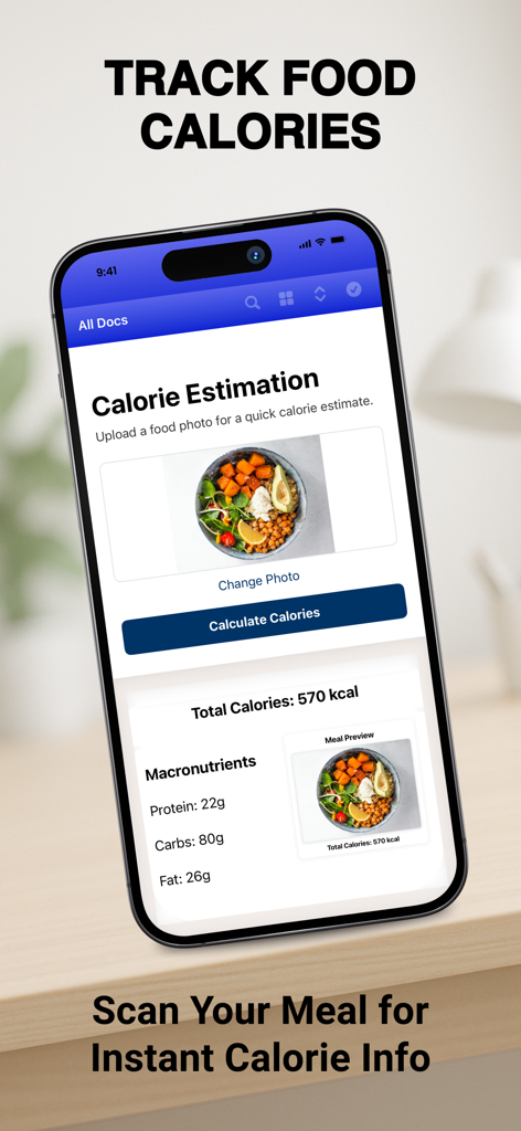 ProScan - Scanner To PDF - ProScanアプリの食事のカロリー推定を示すスマートフォン画面。タンパク質と炭水化物の内訳が表示されています