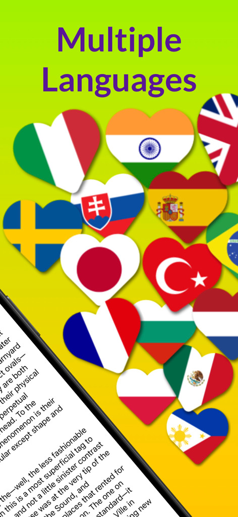 Scanner Libri OCR che supporta più lingue globali con bandierine a forma di cuore.