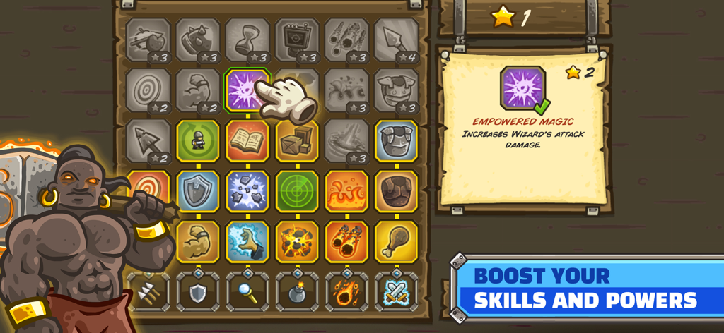 Menu de árvore de habilidades de Kingdom Rush para atualizar habilidades de torre e poderes de mago