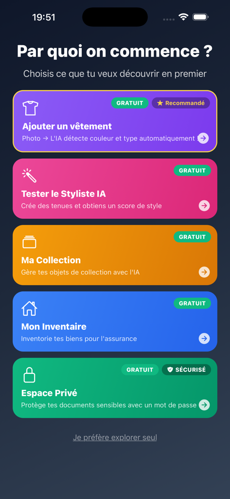 My Inventory AI - Onboarding screen of the My Inventory AI app displaying main categories including wardrobe stylist collection home inventory and private space