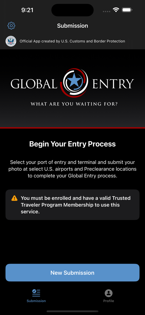 Global Entry Mobile - The home screen of the Global Entry Mobile app showing the start of the entry process and a new submission button
