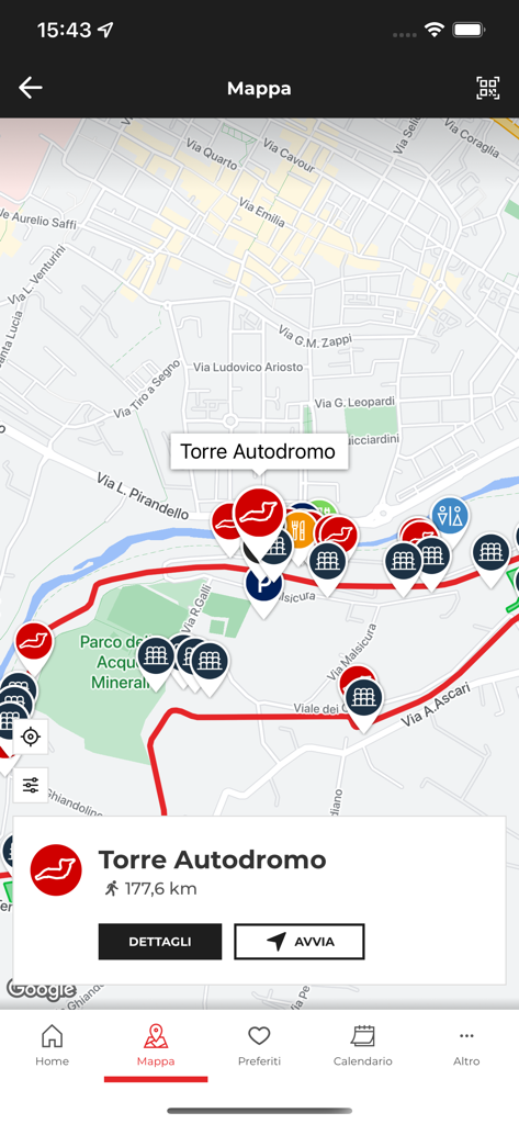 Mapa interactivo del Circuito de Imola que muestra gradas y puntos de interés en la aplicación móvil oficial.