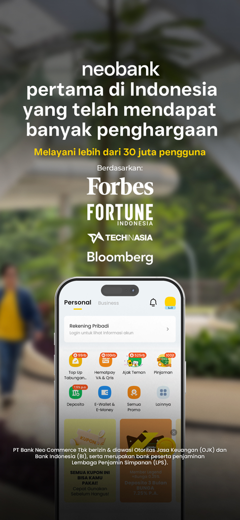 neobank app interface showing digital banking features and recognition from Forbes and Bloomberg