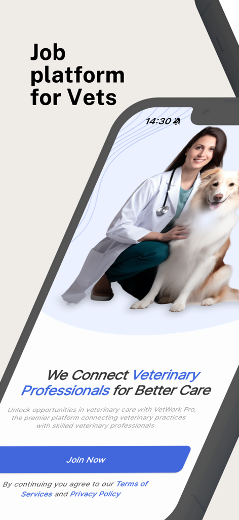 VetWork Pro - Tela de aterrissagem do aplicativo VetWork Pro mostrando um veterinário com um cachorro e um botão Entrar Agora